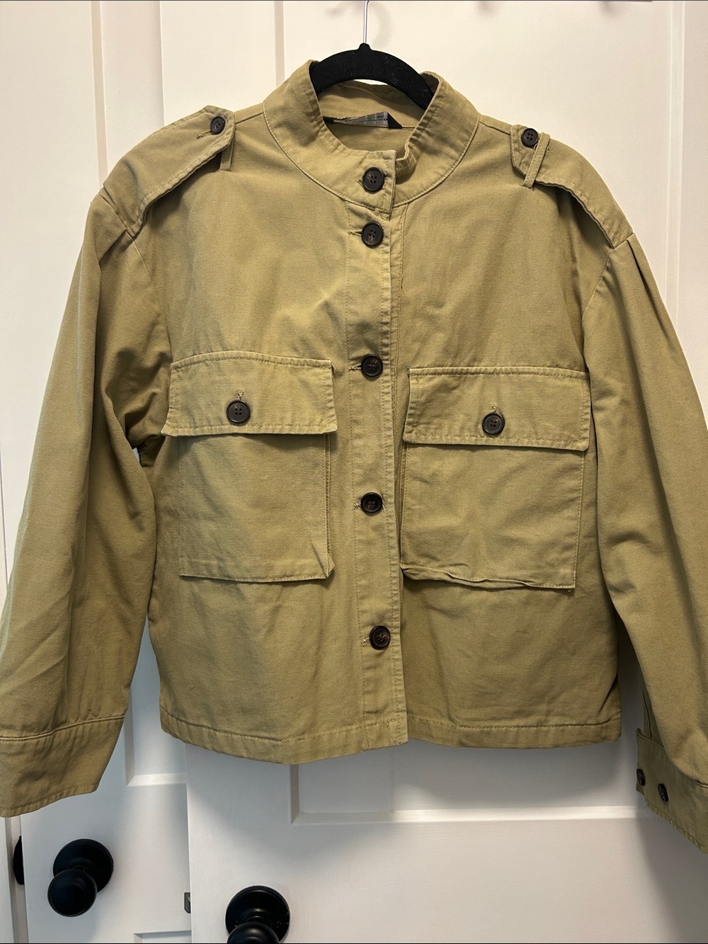 Zara Green Military-Style Button Front Cropped Jacket